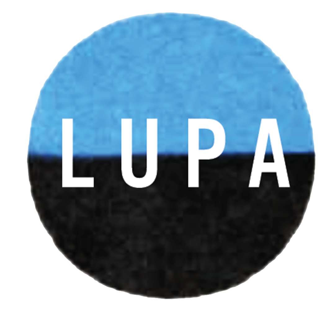 A circle, the top half is blue, the bottom half is black. Written across the centre is the word LUPA in caps